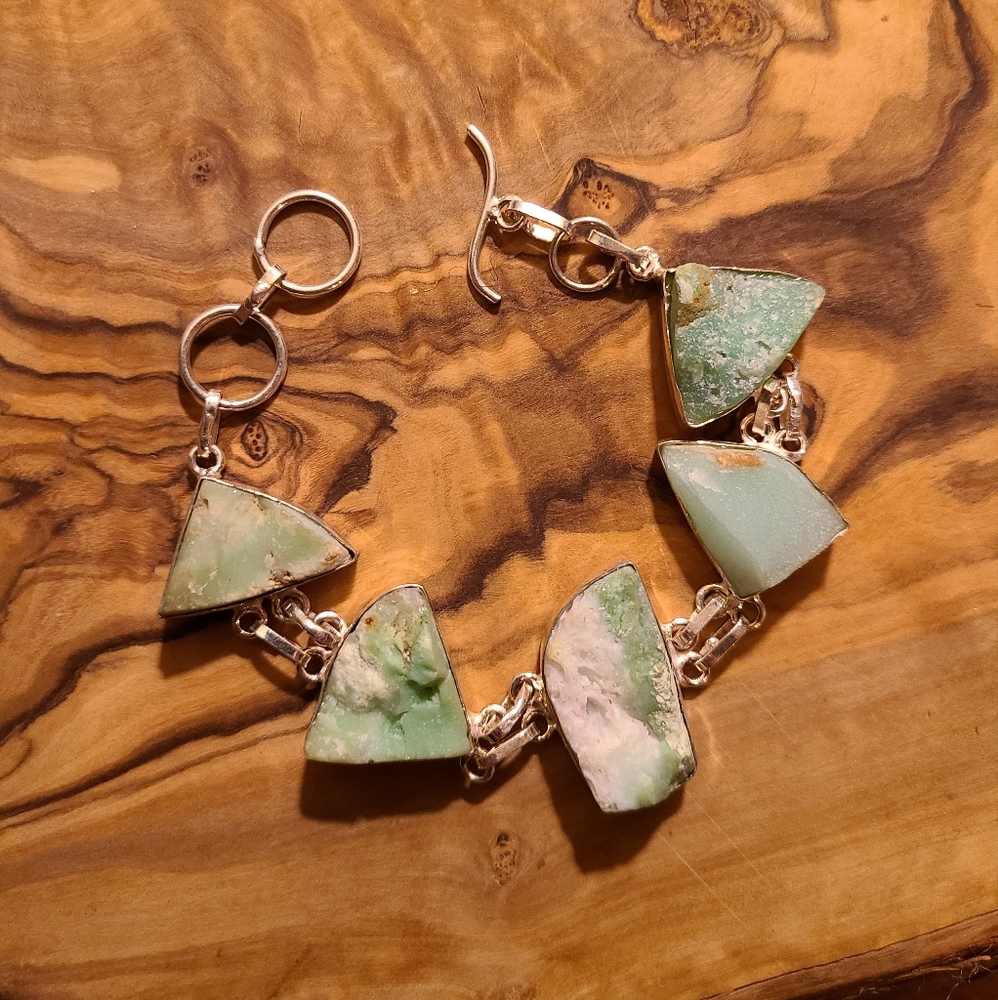 Chrysoprase silver raw gemstone bracelet